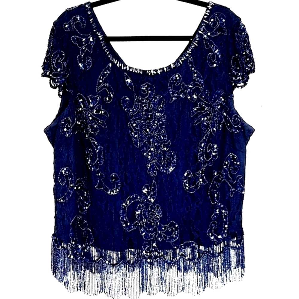 JACQUES VERT Sequins Beaded Fringe Navy Lace Blouse